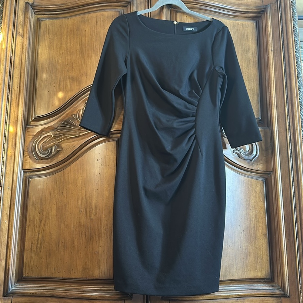DKNY Black Ruched Pleated Midi Dress Sleeved Cocktail Party